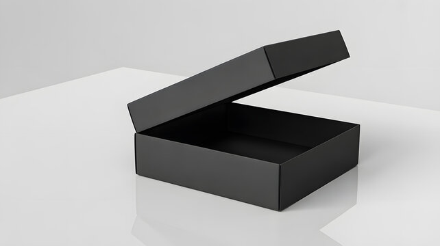 Minimalist black open box packaging on a clean white backgroundbox, packaging, package, carton, container, black, open, lid, empty, minimalist, minimal, geometric, modern, elegant, luxury, premium, ma