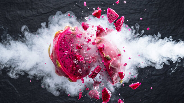 Ripe pink pitaya dragon fruit freezing and exploding into frosty shards with liquid nitrogen smoke and water drops on black stone background.