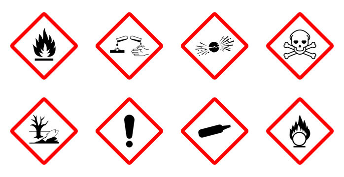 GHS hazard symbols for flammable, toxic, corrosive, explosive and warning materials used on chemical labels, containers and safety signage.