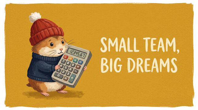 Adorable little hamster wearing red beanie and warm knitted sweater holding a large calculator with inspirational text Small Team Big Dreams.