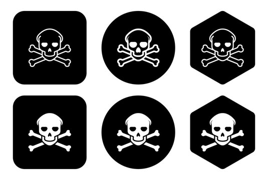 Skull, crossbones, danger, warning and hazard icons for safety signage, toxic materials, security, games and digital interfaces.