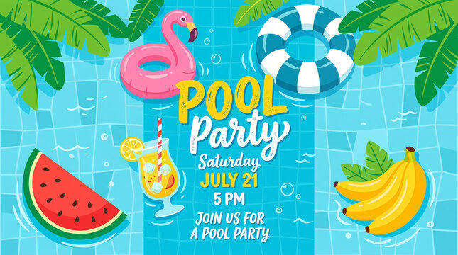Top down view of turquoise pool water with pink flamingo, swim ring, tropical cocktail, watermelon, bananas and cheerful Pool Party event lettering.