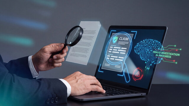 Insurance fraud investigation and claim detection analysis. Businessman examining claim document with magnifier on laptop, AI digital brain and fraud warning alert for risk prevention