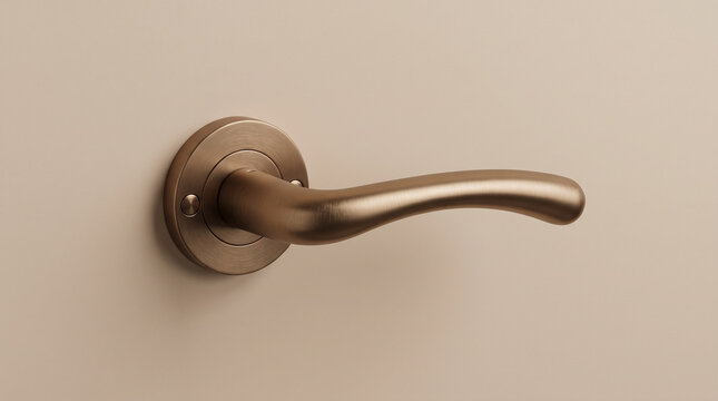 A modern bronze door handle mounted on a plain neutral wall.
