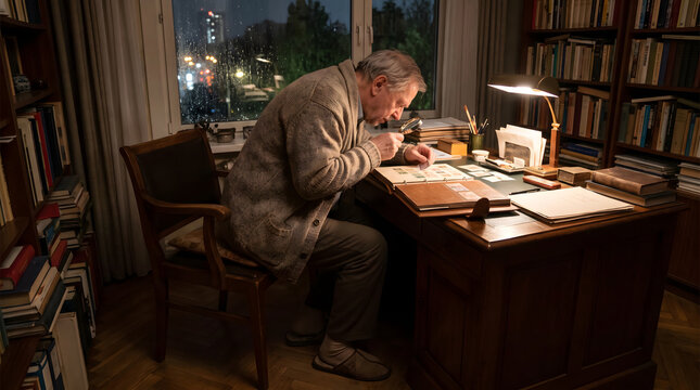 An elderly man uses a magnifier to examine items at a wooden desk in a cozy study at night.
