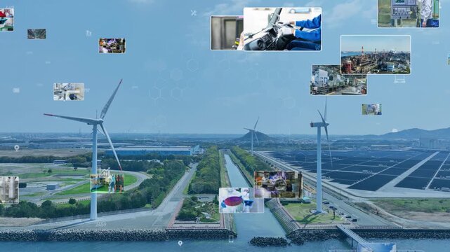 産業とテクノロジー。工場、工業、製造業、映像、半導体、建設、機械、エンジニア、作業員、DX、ICT