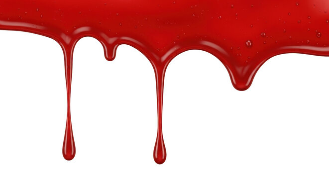 Red blood dripping on white background. Liquid paint or syrup flowing down isolated surface.