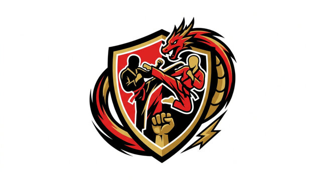 Vector illustration of karate fighter with dragon inside shield badge. Red, black and gold design for martial arts, karate, kung fu, taekwondo, and combat sports academy branding. Dynamic emblem. Vect