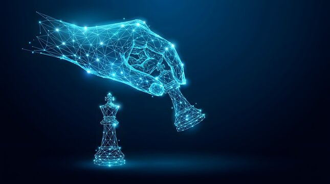 Digital Hand Moving a Chess Piece Conceptual Strategy Illustration Representing Strategic Planning and Artificial Intelligence Technology