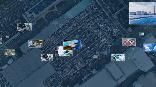 産業とテクノロジー。工場、工業、製造業、映像、半導体、建設、機械、エンジニア、作業員、DX、ICT