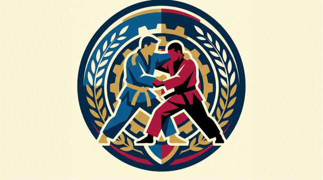 Vector illustration of two judo athletes grappling in blue and red inside circular badge with laurel wreath. Design for martial arts, combat sports, judo club, dojo, and tournament branding. Dynamic s