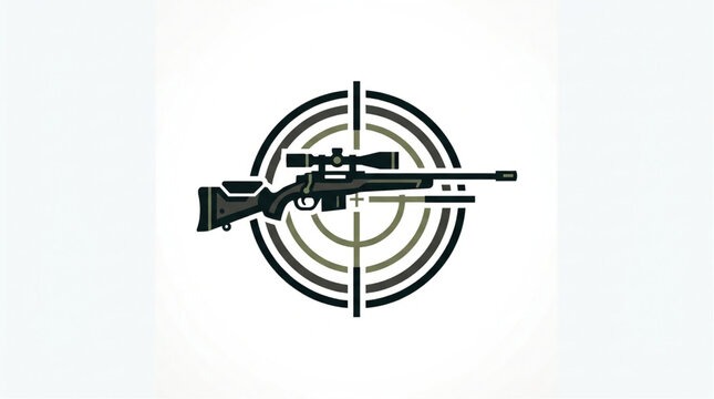 Vector illustration of minimalist sniper rifle centered on target crosshair. Black and white line art design for shooting sports, airsoft, hunting, and tactical brand identity. Clean monochrome logo. 