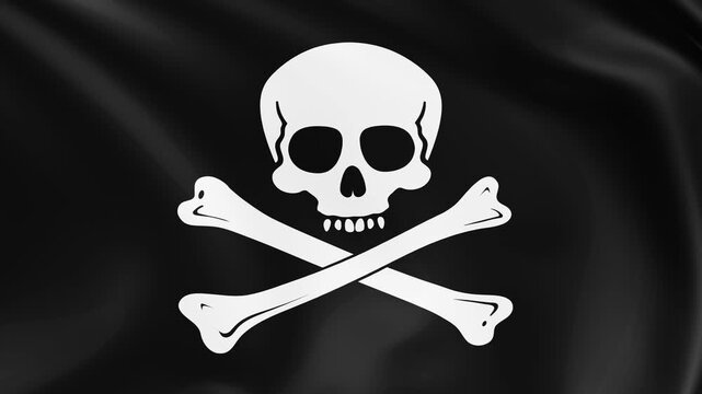 Jolly Roger pirate flag waving in the wind, black satin flag with skull, 4k animation.
