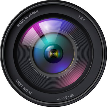Camera photo lens icon isolated, professional DSLR zoom lens front view.