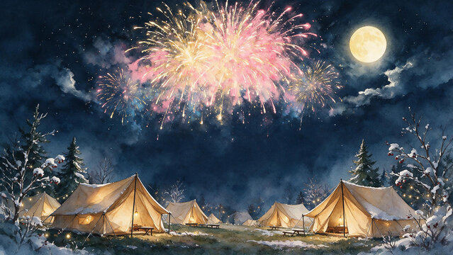 Magical Watercolor Winter Nightscape with Glowing Festival Tents, Fireworks and Full Moon
