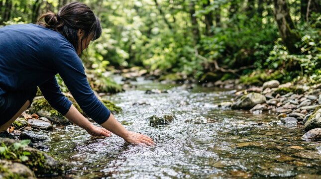 Side view of woman in blue long sleeve shirt bending down to touch clear flowing stream water with both hands in lush green forest, nature connection and mindfulness