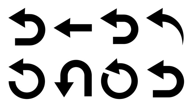 A collection of various black arrow icons representing undo back return reload refresh and navigation concepts isolated on a clean white background for