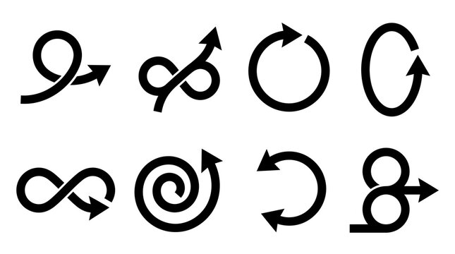 A collection of various black arrow icons featuring unique curved shapes loops spirals and circular motion designs isolated on a clean white background