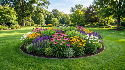 Obraz premium Colorful flower garden with purple coneflower and yellow black eyed susan on green lawn. Summer flower garden features vibrant petals, green leaves, and trees. Scenic flower garden for backyard.