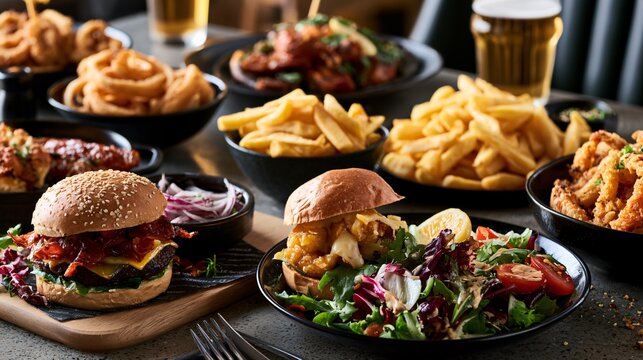 A contemporary gastropub composition featuring pub-food displayed on polished concrete with modern restaurant aesthetics