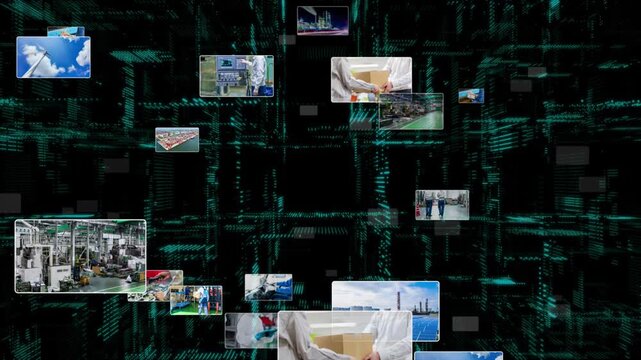産業とテクノロジー。工場、工業、製造業、映像、半導体、建設、機械、エンジニア、作業員、DX、ICT