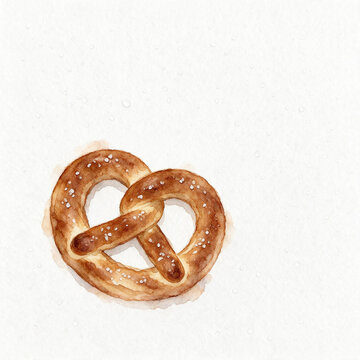 Minimalist Watercolor Illustration of a Traditional Bavarian Soft Pretzel Isolated on White