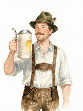 Watercolor Portrait of a Smiling Bavarian Man in Traditional Lederhosen Holding a Beer Stein