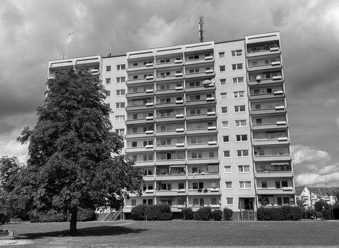 Black and White GDR Plattenbau High-Rise in East Germany