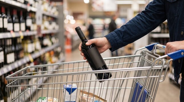 of male hand holding dark wine bottle over metal shopping cart in supermarket aisle, selecting alcohol beverage for purchase during grocery shopping trip, representing consumer