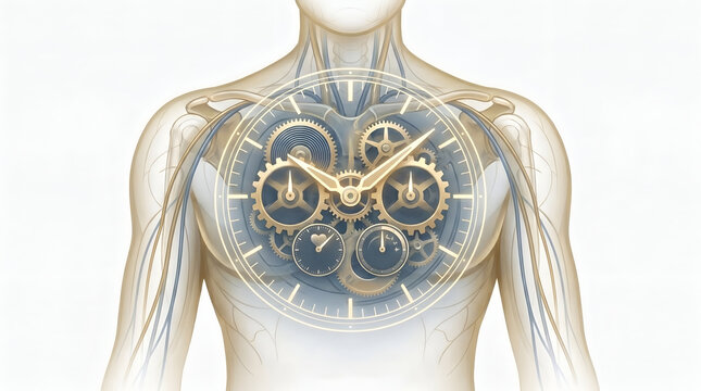 Human anatomical chest model with golden clock mechanism showing biological rhythm