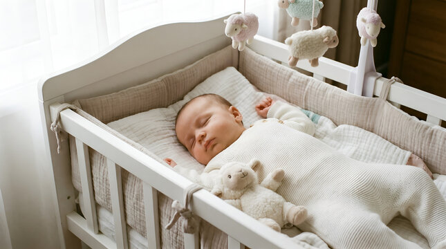 Cute infant baby sleeping peacefully in white wooden crib in nursery