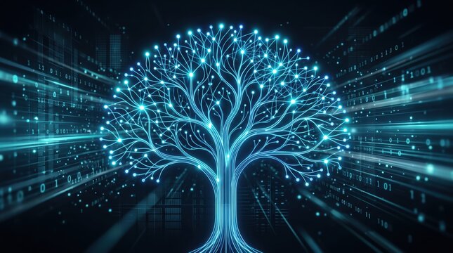 Futuristic glowing blue digital tree structure made of light lines and nodes against dark with binary code streams, representing artificial intelligence evolution, big data