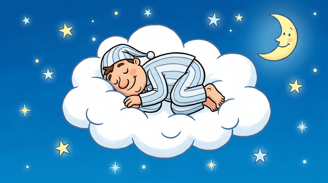 Baby sleeping on fluffy cloud in starry night sky illustration
