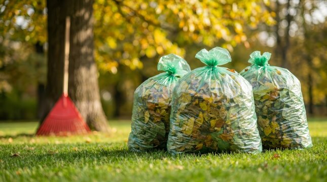 Garden waste collection with green leaf bags and a rake in the park.