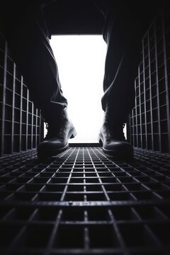 Low angle perspective of a person in black boots standing on a metal grid under bright light
