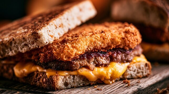 A macro close up highlighting crispy coatings, juicy burger patties, melted cheese, and artisan bread textures within pub-food