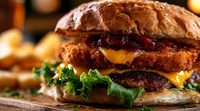 A macro close up highlighting crispy coatings, juicy burger patties, melted cheese, and artisan bread textures within pub-food