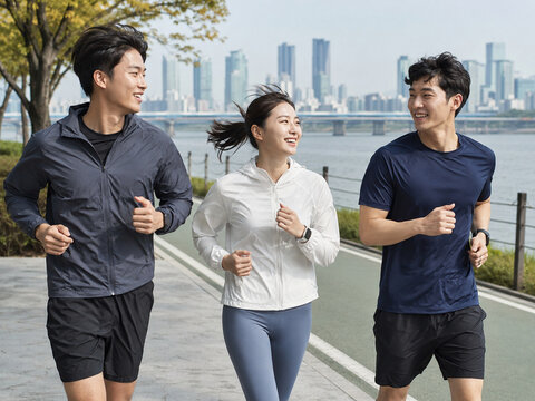 Korean Social Fitness Lifestyle Series - Friends Jogging Along Han River in Seoul