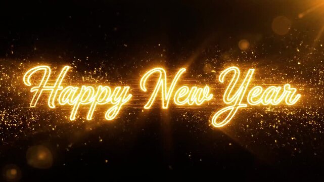 Glowing golden Happy New Year text on dark background