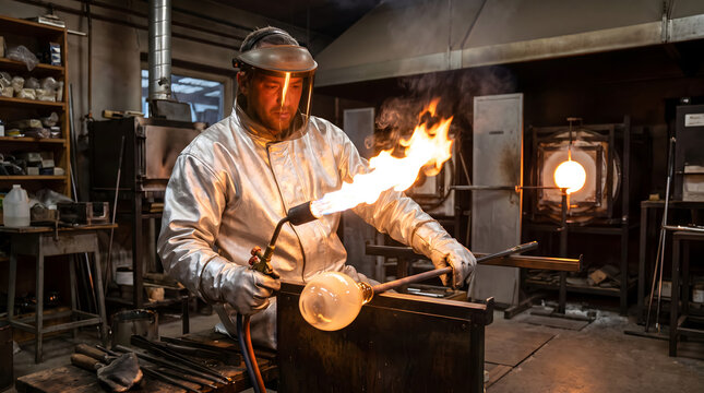 A skilled worker uses a torch to shape molten glass in an indoor glassblowing workshop, wearing protective gear.