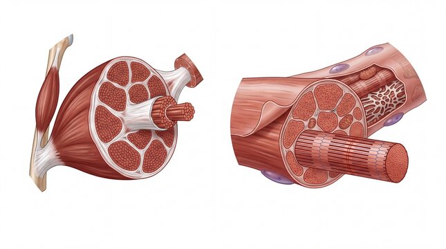 Anatomical muscle fiber structure illustration, skeletal muscle cross section diagram, medical human muscular system bundle, biological tissue layers