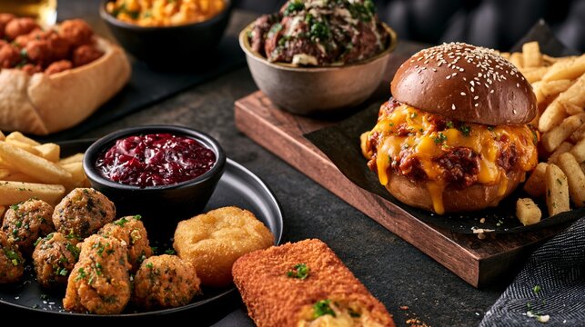 A macro top-down study of pub-food scenes revealing detailed textures of burgers, wings, fries, batters, and gourmet toppings