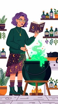 Flat vector illustration of a modern witch brewing a magic potion