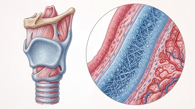 Human larynx and trachea anatomy illustration, medical diagram of vocal cords and throat structure, microscopic view of respiratory tissue