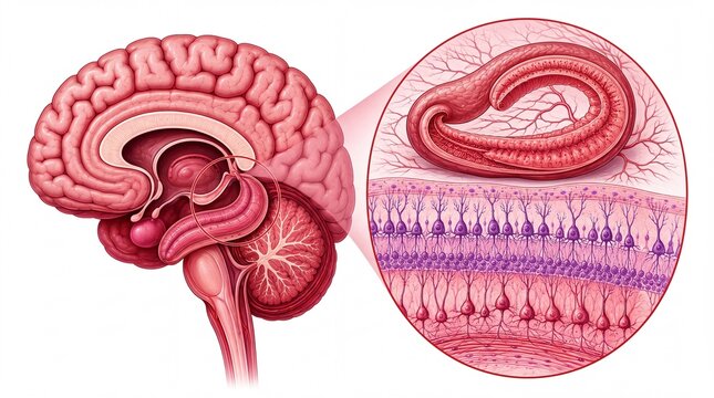 Medical illustration of brain parasite infection, human brain cross section with parasitic worm, neurocysticercosis anatomy diagram