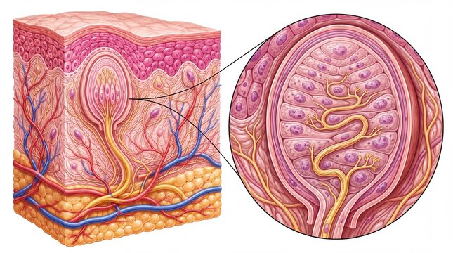 Human skin anatomy cross section with tactile corpuscle, medical illustration of dermis layers and sensory receptors, microscopic view of skin nerves