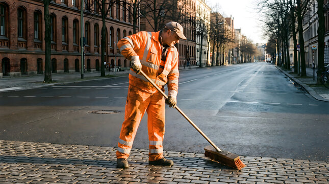 A sanitation worker in high-visibility uniform sweeps a cobblestone street in an urban residential area on a clear day.