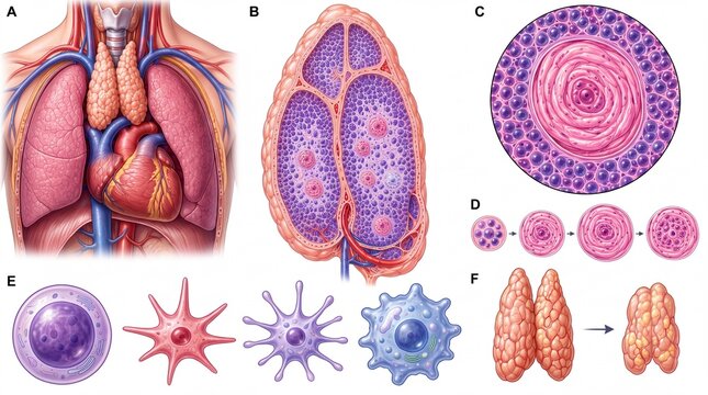Medical illustration of thymus gland anatomy, human immune system endocrine organs, thoracic cavity with heart and lungs, lymphatic cell development