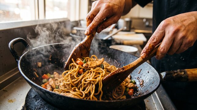 Close-up of authentic Indonesian mie goreng seasoning process. Ideal for culinary publications, restaurant advertising, and food industry campaigns.