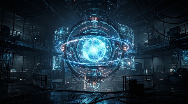 Glowing futuristic energy reactor core in dark high tech laboratory
